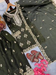 Ensemble Salwar Kameez en soie verte brodée traditionnelle indienne et pakistanaise pour femmes, coupe régulière, longueur au sol, tenue de mariage - Product Image 3