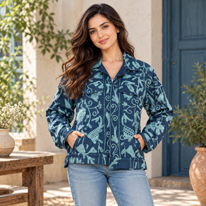Veste en jean vintage à imprimé botanique avec motif floral bleu, col classique, boutons sur le devant et poches sur la poitrine |   Manches longues décontractées - Product Image 2