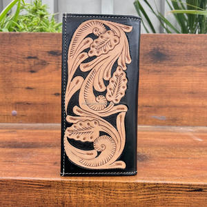 Cartera plegable larga personalizada recién llegada para hombre, piel auténtica mecanizada a mano con Tarjetero con detalles florales y con cuentas - Product Image 5