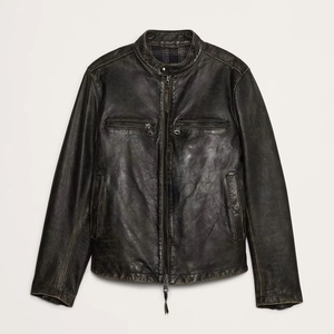 Blouson de moto en cuir noir pour homme, manches longues, coupe-vent, lavé, toutes saisons, style racing - Product Image 5