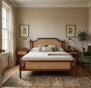 Traditional Mahogany Wooden <b>Bed</b> Frame <b>Queen</b> <b>Size</b> Handmade Solid Wood Caned Headboard and Footboard Bedstead - Product Image 1