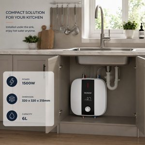 Calentador de Agua Eléctrico Premium Rossi de 6 Litros y 1500W, Unidad de Calentamiento con Tanque de Almacenamiento Montado en la Pared para Uso en Baño y Cocina - Product Image 1
