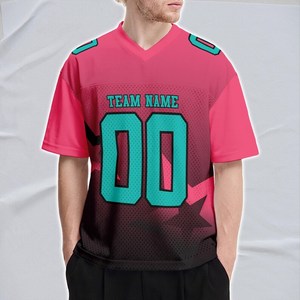 เสื้อฟุตบอลแบบกำหนดเอง สีชมพูนีออน น้ำเงิน-ดำ ดีไซน์ส่วนตัว พร้อมชื่อ หมายเลข โลโก้ทีม สำหรับผู้ชาย ผู้หญิง ชุดยูนิฟอร์ม โพลีเอสเตอร์ 100% - Product Image 4