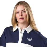 Camisa de Rugby a Rayas Azul Marino y Blancas para Mujer, Manga Larga, Cuello Camisero, Estilo Casual, Corte Holgado, Mezcla de Algodón, Uso Diario