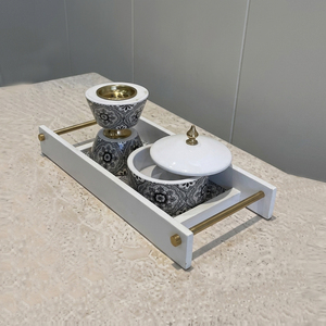 Luxury <b>Marble</b> Bakhoor Burner Set Floral Patterned Incense Holder & <b>Jar</b> On White Wooden Tray Premium Middle East Home Decoration - Product Image 1