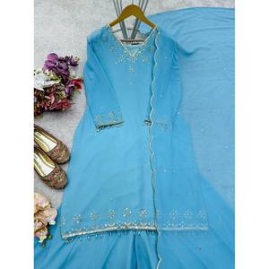 Ropa Tradicional Musulmana con Bordado Pesado de Diseño Exclusivo, Color Verde, Talla L, Top-Sarara y Dupatta - Product Image 3