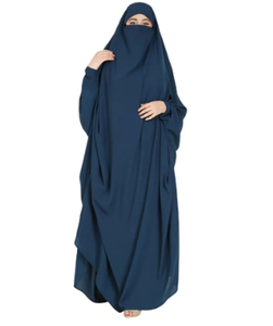 Abaya longue à manches longues bleu marine unie pour femme, avec capuche, robe de prière islamique modeste, en polyester respirant, coupe ample - Product Image 1