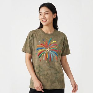Camiseta de algodón de manga corta para hombre con patrón de fuegos artificiales arcoíris bordado a mano, cuello redondo, corte regular informal - Product Image 6