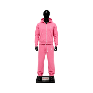 Ensemble de survêtement rose pour homme avec logo personnalisé, sweat à capuche zippé et pantalon de jogging, tenue décontractée streetwear et sportswear deux pièces, vente en gros - Product Image 1