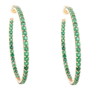 14K Gold Bohemian Round Cut Emerald Hoop Earrings with Diamond and Pearl Accents - Product Image 3
