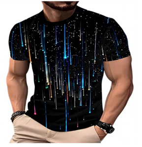 T-shirt à manches courtes pour homme, col rond, imprimé pluie de météores, coupe ajustée, vêtement décontracté, tissu en polyester respirant tricoté - Product Image 1