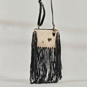Bohemian Genuine <b>Leather</b> Shoulder Bag With Black Fringe And Animal Print Pattern Single Strap Zipper Closure - Product Image 1