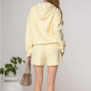 Women's <b>2</b> <b>Piece</b> Hoodie Shorts Set Solid Color Loose Fit Casual Wear Fleece Material Spring Summer <b>Outfit</b> Yellow - Product Image 5