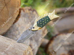 Cuchillo de Bolsillo EDC Multifuncional de Acero de Damasco con Mango de Madera y Latón, Personalizable al por Mayor OEM/ODM, para Camping y Caza - Product Image 6