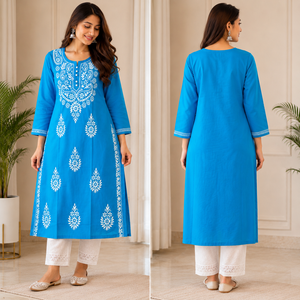 Kurti Recto Azul Turquesa con Bordado a Mano Lucknowi Chikankari, Túnica Étnica Elegante de Algodón para Mujer - Product Image 4