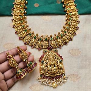 24K Gold Plated Temple Lakshmi Semi Bridal Necklace and Earring Set for Daily Wear - Product Image 3