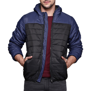 Men's Black Hooded Quilted <b>Jacket</b> Stand Collar Zipper Closure Streetwear Winter Slim Fit Thick Polyester Wadding Regular Length - Product Image 1