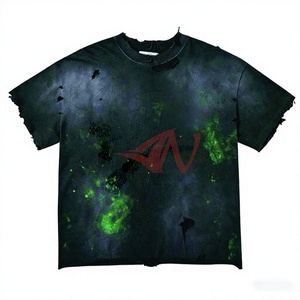 เสื้อยืดคอตตอน 100% ทรงโอเวอร์ไซส์ สไตล์วินเทจ ล้างสีแบบแอซิดวอช พิมพ์ลายโลโก้ ดีไซน์ขาดๆ แบบสตรีทแวร์ แขนสั้น สำหรับผู้ชาย - Product Image 1