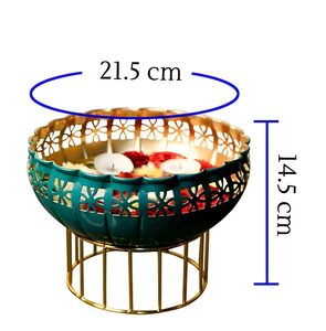 Green Metal Tealight <b>Candle</b> <b>Holder</b> Urli Bowl with Stand – Decorative Floral Cutout Teal & Gold Centerpiece for <b>Floating</b> Flowers. - Product Image 6