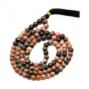 Collier Mala en Rhodonite Naturelle 108 Perles, Perles de Prière Rondes en Pierre Gemme de 8mm, Méditation Yoga, Fait Main, Certifié, Pompon, Vente en Gros - Product Image 3