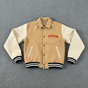 Nouvelle veste varsity pour homme, couleur beige, manches crème, logo brodé, col rabattu, coupe classique, style preppy d'automne - Product Image 1