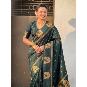 Chal y Bufanda Étnicos de Seda Suave Tejida con Zari Tradicional, Color Verde Botella, de Elite Weaves, 600g - Product Image 5