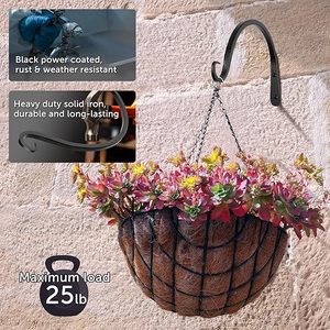 Support mural pour plantes en fer forgé, forgé à la main, thermolaqué, robuste, noir, courbé - Product Image 1