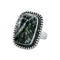 Bagues unisexes prix usine, bague vintage en pierre précieuse Séraphinite, faite à la main en Inde, plaquée argent, sertissage clos, certifiée par un tiers