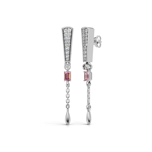 Boucles d'oreilles pendantes en or 18 carats avec diamant rose de laboratoire certifié IGI, taille émeraude, et chaîne à pampilles - Product Image 1
