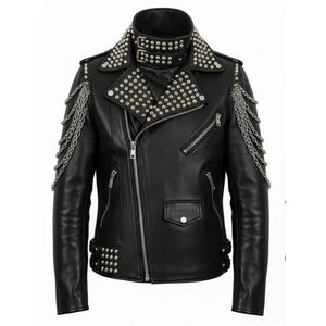 Chaqueta de cuero con tachuelas estilo punk rock extremo para motocicleta, cuello alto, parche de calavera con pinchos, diseño patchwork, cremallera de verano, casual elegante - Product Image 2