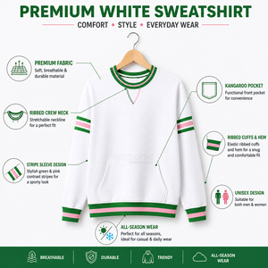 Sudadera Blanca con Cuello Redondo de la Hermandad Universitaria Cosh International, con Rayas Verdes y Rosas, Bolsillos, Corte Regular, Estilo Casual Otoñal - Product Image 6