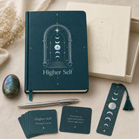 Carnet spirituel LABON personnalisé pour la réflexion intérieure, couverture rigide vert-vertérament, motif phases de lune avec feuille métallisée irisée, pour journalisation intutive