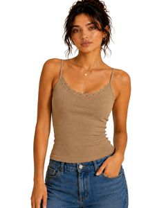 Custom <b>Khaki</b> Women Lace Trim Ribbed Cami Tank <b>Top</b> Spaghetti Strap Sleeveless Cotton Slim Fit Casual Summer Crop Vest Fashion - Product Image 1