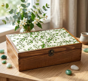 <b>Wooden</b> Jewelry <b>Box</b> with Leaf Pattern Top Classic <b>Storage</b> <b>Box</b> for Bedroom Decorative Rectangular Design <b>Box</b> For Table Use - Product Image 1