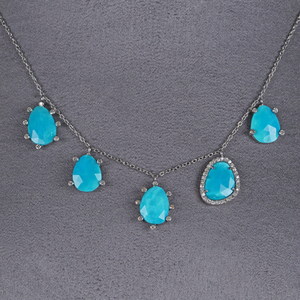 Natural diamante pavimenta oxidado de plata 925 piedras preciosas de turquesa diseñador cadena collar hecho a mano de la joyería de las mujeres al por mayor - Product Image 6