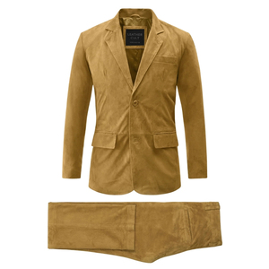 Pantalones de cuero de gamuza color canela para hombre, pantalones largos de corte ajustado, ropa informal, traje de cuero premium de dos piezas - Product Image 1