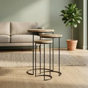 Modern Nested Wood Side <b>Tables</b> Minimalist Design Black Metal Frame Living Room Furniture Wooden iron <b>Nesting</b> <b>set</b> - Product Image 5