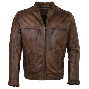 Veste de moto réversible en cuir PU pour homme, imperméable, coupe-vent, col montant, fermeture éclair, couleur unie marron, coupe classique, hiver - Product Image 1
