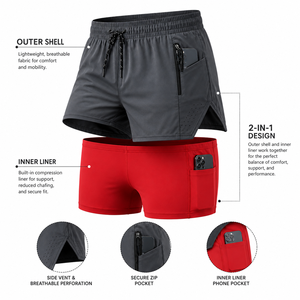 Short de sport deux-en-un pour homme avec doublure intérieure respirante et poche zippée, rouge et gris - Product Image 5