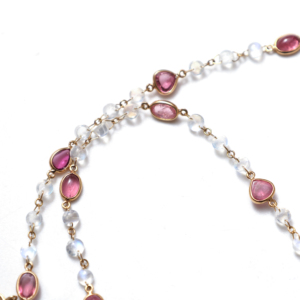 Natural <b>Pink</b> Tourmaline and Rainbow Moonstone Station Necklace in Solid 18K Yellow Gold Bezel Set Pear and Round Gemstone Chain - Product Image 5