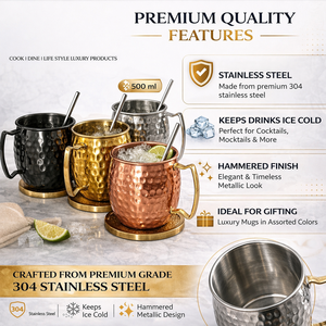 Ensemble de 4 tasses Moscow Mule 500 ml en acier inoxydable finition martelée, avec poignée, pour bière/vin/cocktail, vaisselle durable pour cocktails - Product Image 2