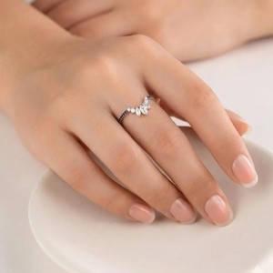 Cluster <b>Proposal</b> <b>Ring</b> Chevron Stacking <b>Ring</b> IGI Certified 10K 14K 18K Solid Gold Marquise & Round Black Lab Diamond Curved <b>Ring</b> - Product Image 3