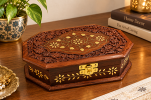 Hand Carved Wooden Jewelry <b>Box</b> Octagonal <b>Storage</b> Case Brass Inlay Floral Lid <b>Lockable</b> Organizer Gift <b>Box</b> From Uttarakhand - Product Image 3