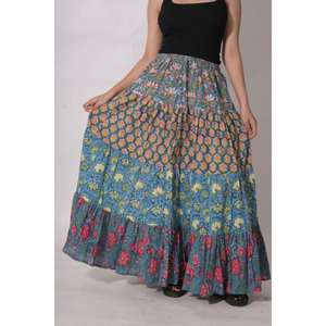 กระโปรงยาวผ้าฝ้ายปะติดปะต่อทำมือ ลายบล็อกพิมพ์สไตล์โบฮีเมียน กระโปรงแม็กซี่วินเทจสไตล์ชาติพันธุ์ สำหรับผู้หญิงใส่ในเทศกาล - Product Image 2