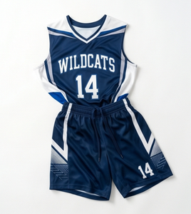 Ensemble de maillot de basket-ball pour hommes, bleu marine, sublimé, col en V, sans manches, short à cordon de serrage, évacuation de l'humidité, coupe athlétique - Product Image 1