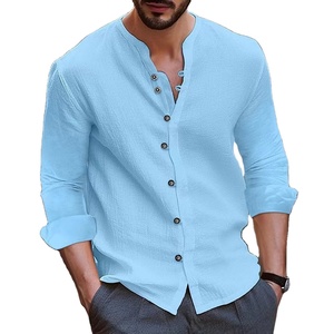 Camisa informal cómoda de lino y algodón para hombre, novedad, estilo holgado, diseño de cuello levantado, Color sólido, 100% algodón personalizable - Product Image 4