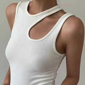 <b>Women's</b> <b>White</b> Ribbed Knit <b>Tank</b> <b>Top</b> O-Neck Sleeveless Hollow Out Minimalist Solid Color <b>Top</b> - Product Image 3