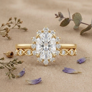 Oval Cut Halo Diamond Engagement Ring Set <b>Infinity</b> Wedding Band Yellow Gold Bridal Ring for Women - Product Image 1