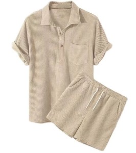Ensemble polo et short pour homme, bleu clair, couleur unie, tricoté, respirant, décontracté, pour l'été - Product Image 6