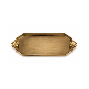Golden Rectangular Serving <b>Tray</b> With Floral Handles Polished Metal Finish Residential Use - Product Image 3
